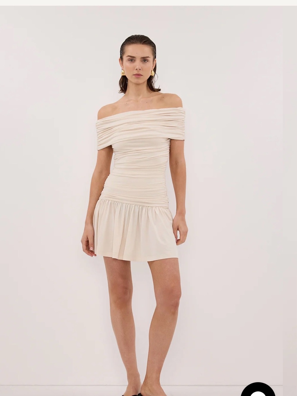 DISSH Off-Shoulder Cream Ruched Mini Dress